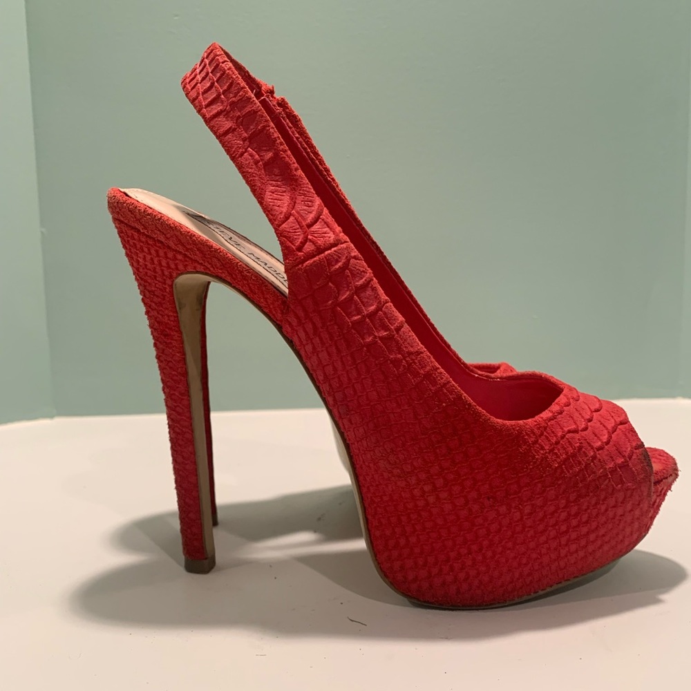 Bright coral suede Steven Madden platform sandals